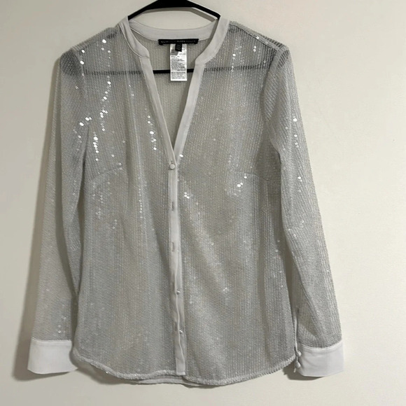 White House Black Market sheer sequin long sleeve button up blouse - Picture 2 of 6